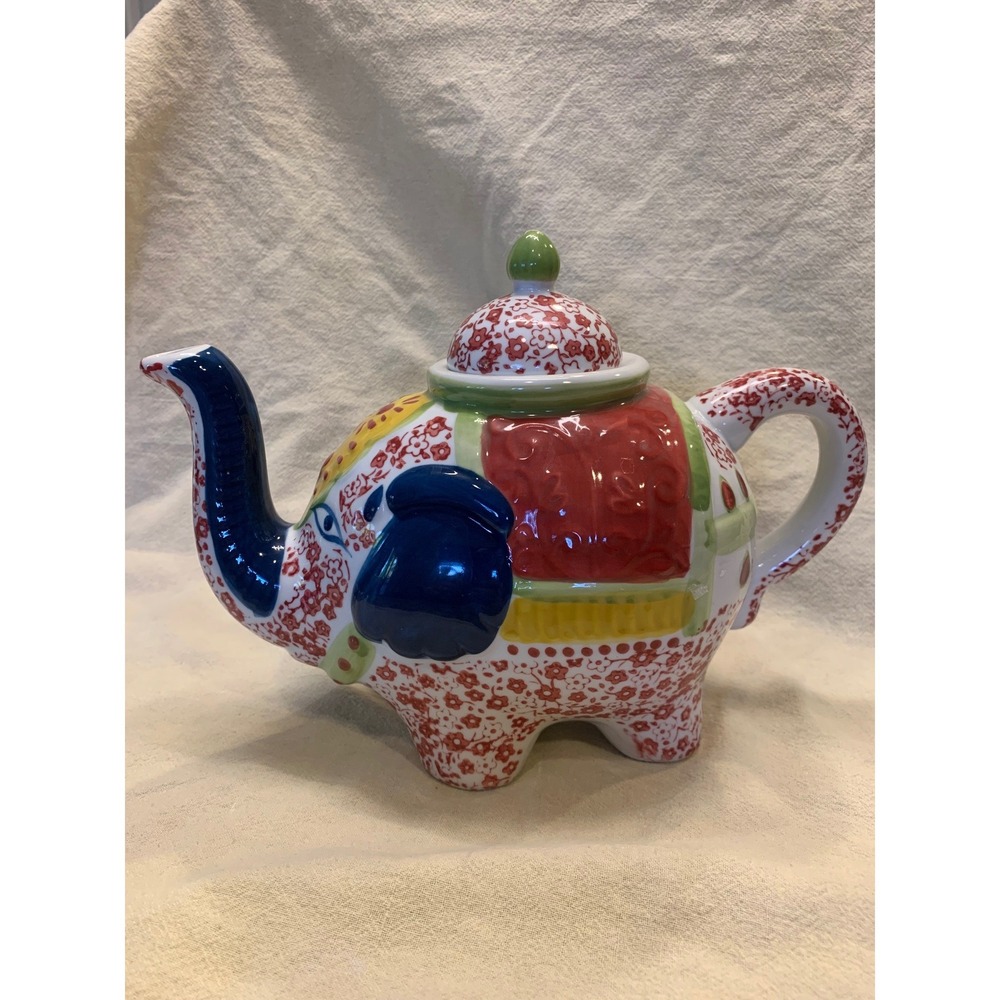 Ceramic‎ Elephant Teapot Multicolor Floral Boho Hand Painted Decorative Decor